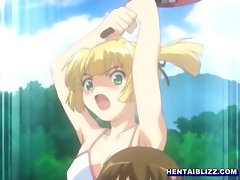 Bondage hentai guy with three swimsuit girls in the outdoors