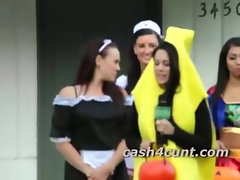 Trick or treat sluts give handjob in public after being offered cash