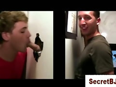 Gloryhole girl talks a straight guy into a gay bj