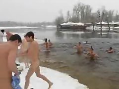 Bony Dipping Men in Winter Lake