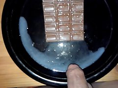 Big cumshot (16 spurts) onto a chocolate bar