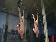 Strong guys suspended in air or tied get fucked in total gay bondage sex