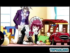 Maid hentai boy gets anal sex on the table by his master
