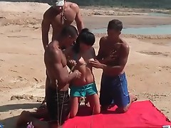 Honeys inside blue underwear banged by 3 blokes