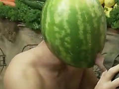 Studly shoplifter has an eggplant up his ass and the moth full of orgasm at a fruit stand.
