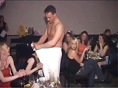 At the all-girl's party, a group of slewed heifers sucked off a stripper's John Thomas