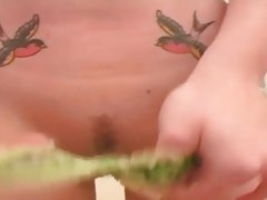 Tattooed honey reveals her  trimmed snatch
