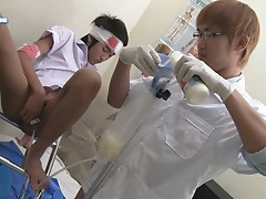 Young japanese guys play doctor with pee and milk
