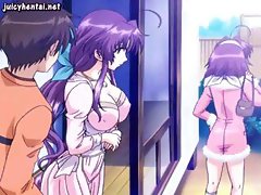 Busty little animated hentai chick scrubs and sucks his cock