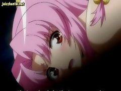 Censored hentai chick with pink hair gets to push out an ass creampie