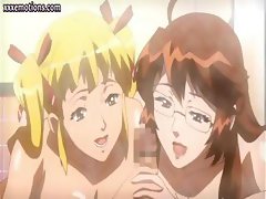 Busty anime babes lick their titties and then eat and bang cock