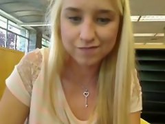 Blond barely legal teen uses fake penis and squirts in public library