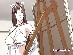 Anime babe rubbing a dick with her huge tits