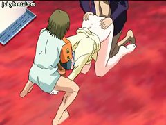 MILF anime with two dude banging her and having a squirting orgasm