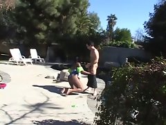 Curvy ebony with big saggy tits gets nailed by the pool