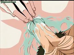This hot, busty anime babe eats cock, gets ass fingered and fucked