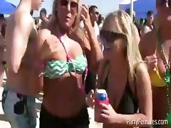 Busty blonde coed and her girlfriends on spring break in bikinis on the beach