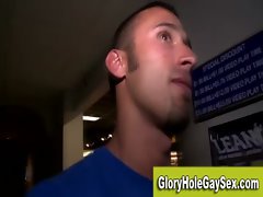 Hot chick convinces gay to go in for gay gloryhole blowjob