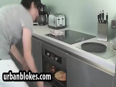 British hunk is at the kitchen and strips to masturbate