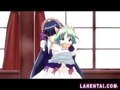 Hentai housemaids watch as a green-haired bitch with an eye-patch gets fucked