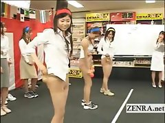 Japan employees play a game with balls and pantyhose