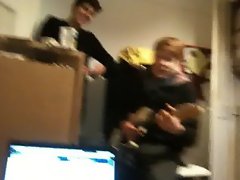 babe playing guitar fucked over by two guys