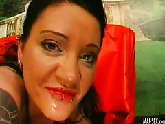 Brunette spits and then licking cum