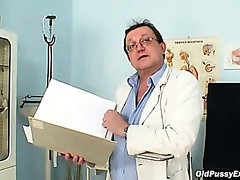 Hairy pussy grandma visits pervy woman doctor