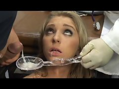 Man masturbates & cums on a spoon & a doctor feeds it to Jaelyn Fox