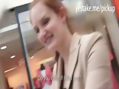 Redhead chick shows her tits at the mall before she rides dick