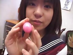 Japanese schoolgirl with nice tits eats cock, gets toyed and fucks