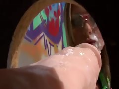 Blondie showers in cum at the gloryhole
